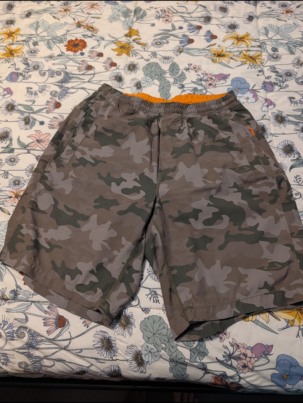 Birddogs Men's Gray & Olive Camo Athletic Shorts with Orange Waistband